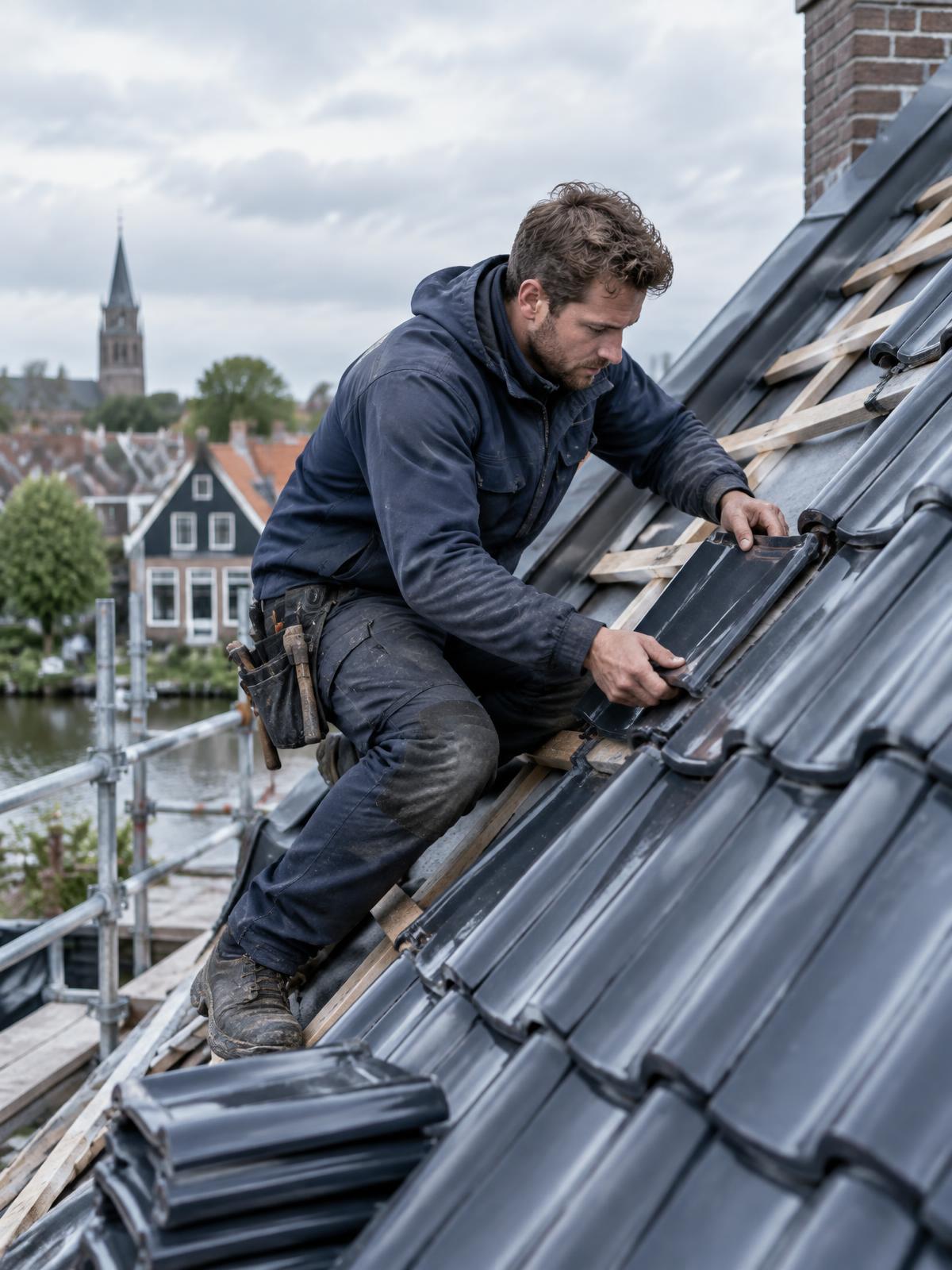 Dakdekker plaatst dakpannen op een Nederlands woonhuis